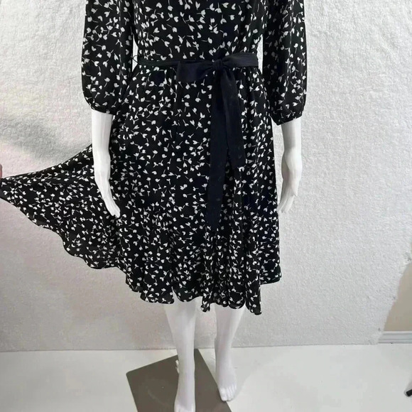 Talbots Black MIDI Dress SZ 8 Long Sleeve White Print Fit Flare Silhouette Flowy - Picture 9 of 16